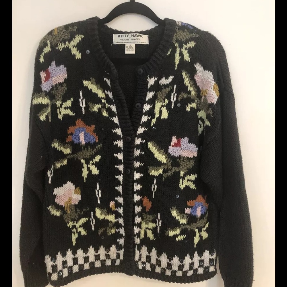 Kitty Hawk By Vivian Want Vintage Cardigan Sweater Size Small Knit Floral Black
